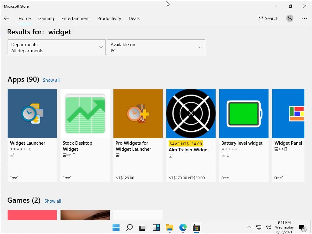 在Microsoft市集中搜尋Widgets,會出現許多小工具。