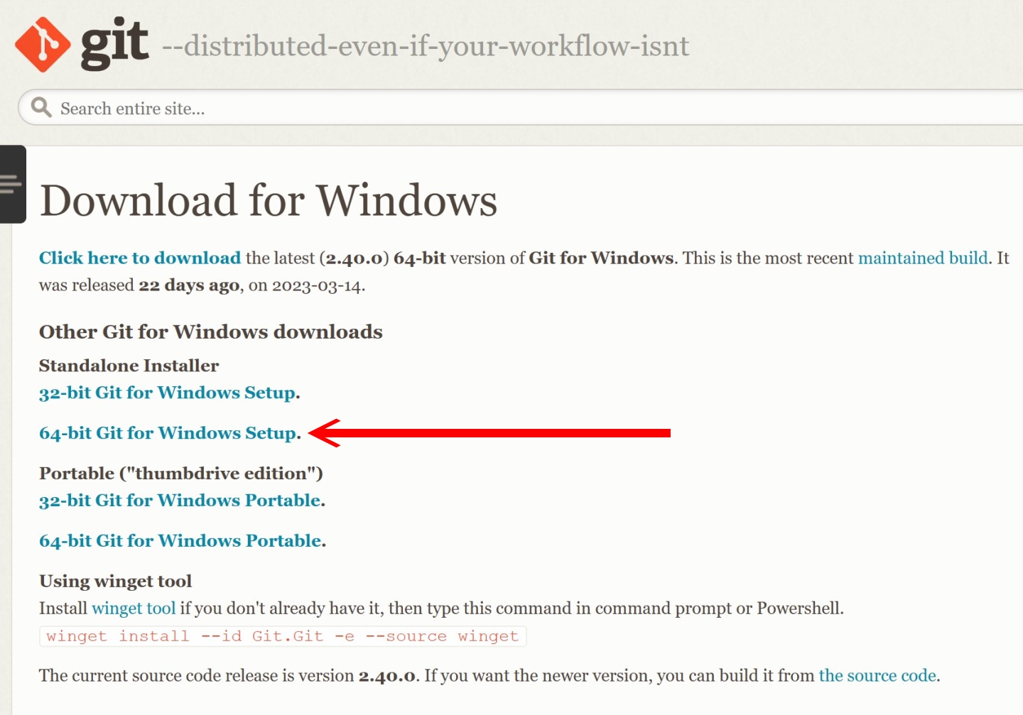 在準備執行環境的前置作業中,我們首先下載Git。建議選擇Windows 64位元安裝版本。