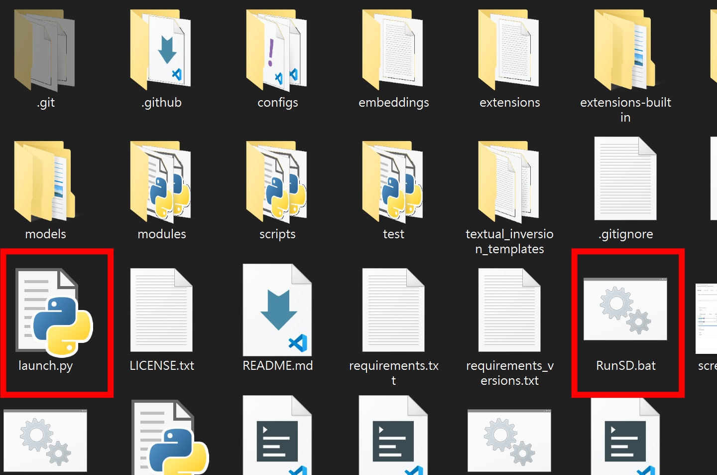 到「stable-diffusion-webui資料夾」(即內有launch.py的資料夾)建立1個純文字檔,並將下圖文字寫入檔案,然後將檔案重新命名為RunSD.bat。