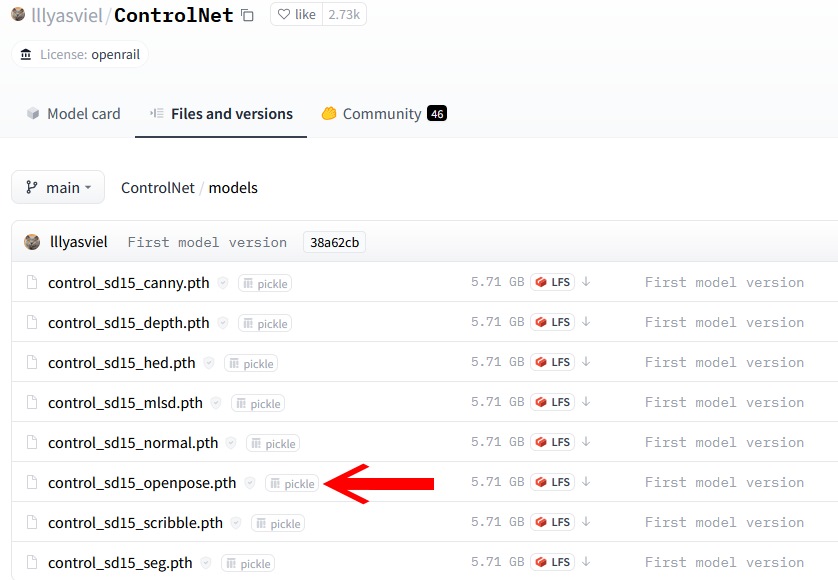 接著至ControlNet於Huggingface的頁面,下載「control_sd15_openpose.pth」模型。
