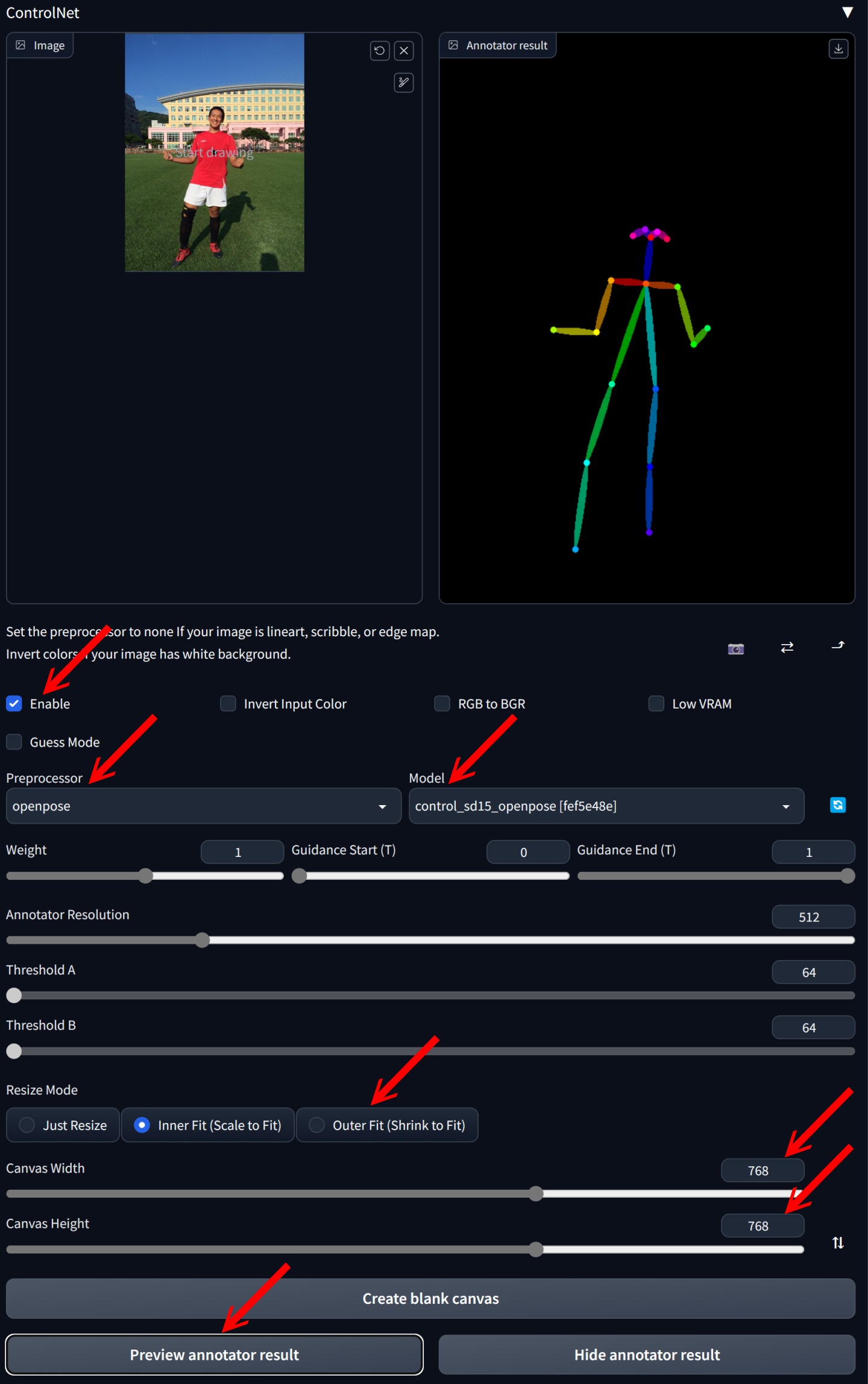 接著依照圖中建議進行各項設定,需要特別注意的是,Canvas Width、Height欄位需輸入與生成圖像長寬相同的尺寸。最後點擊「Preview annotator result」,即可預覽姿勢骨架。