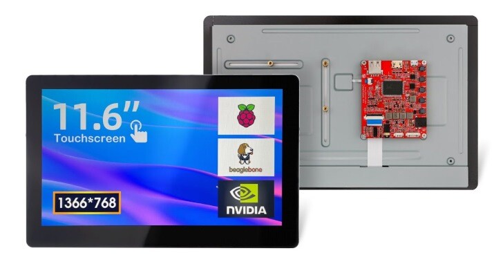 11.6吋、1366 x 768、觸控，CrowVision螢幕可相容多種開發板