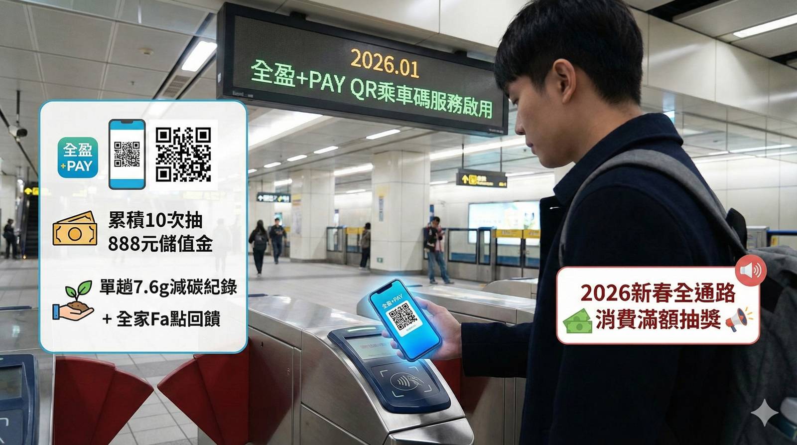 全盈+PAY 支援台北捷運 QR Code 乘車碼服務，同步整合碳足跡紀錄與點數回饋功能