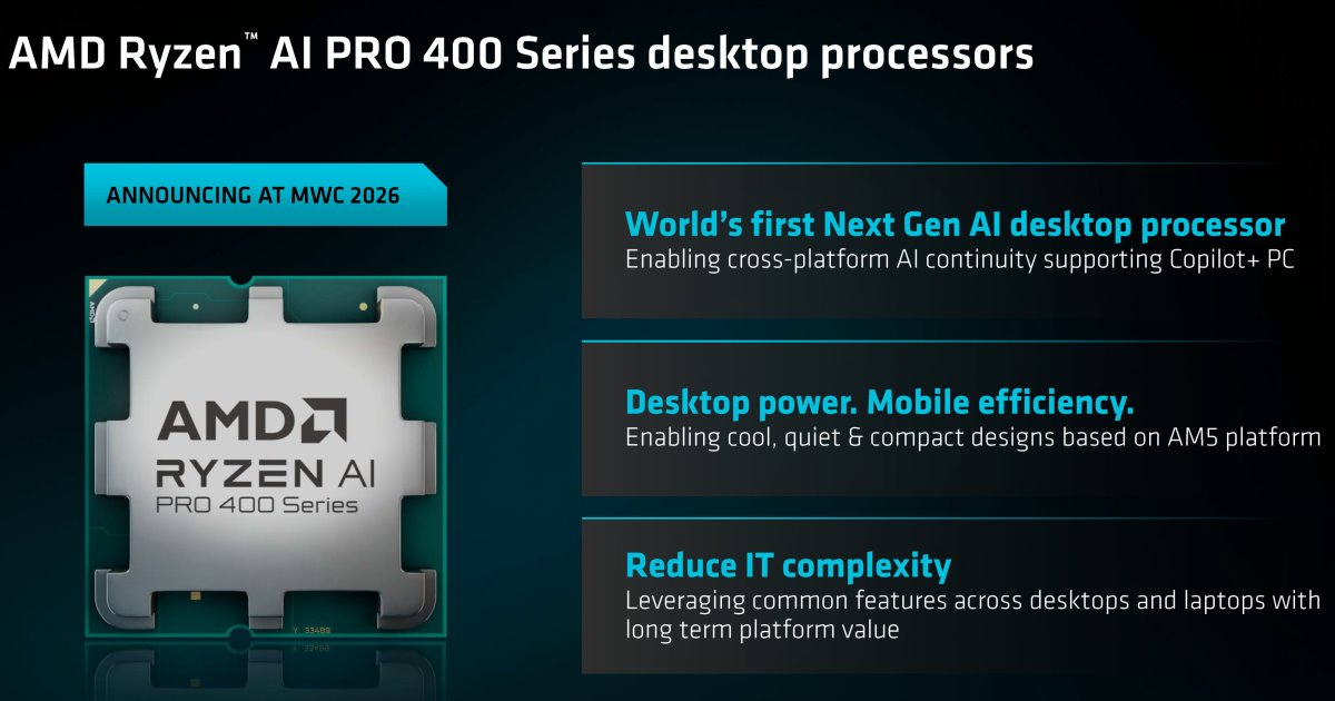 AMD於MWC 2026發表Ryzen AI 400系列桌上型處理器，新架構內顯與NPU強化遊戲與AI效能