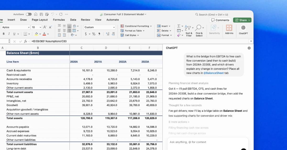 ChatGPT 登陸 Excel 與 Google Sheets，試算表側邊欄可直接使用 AI