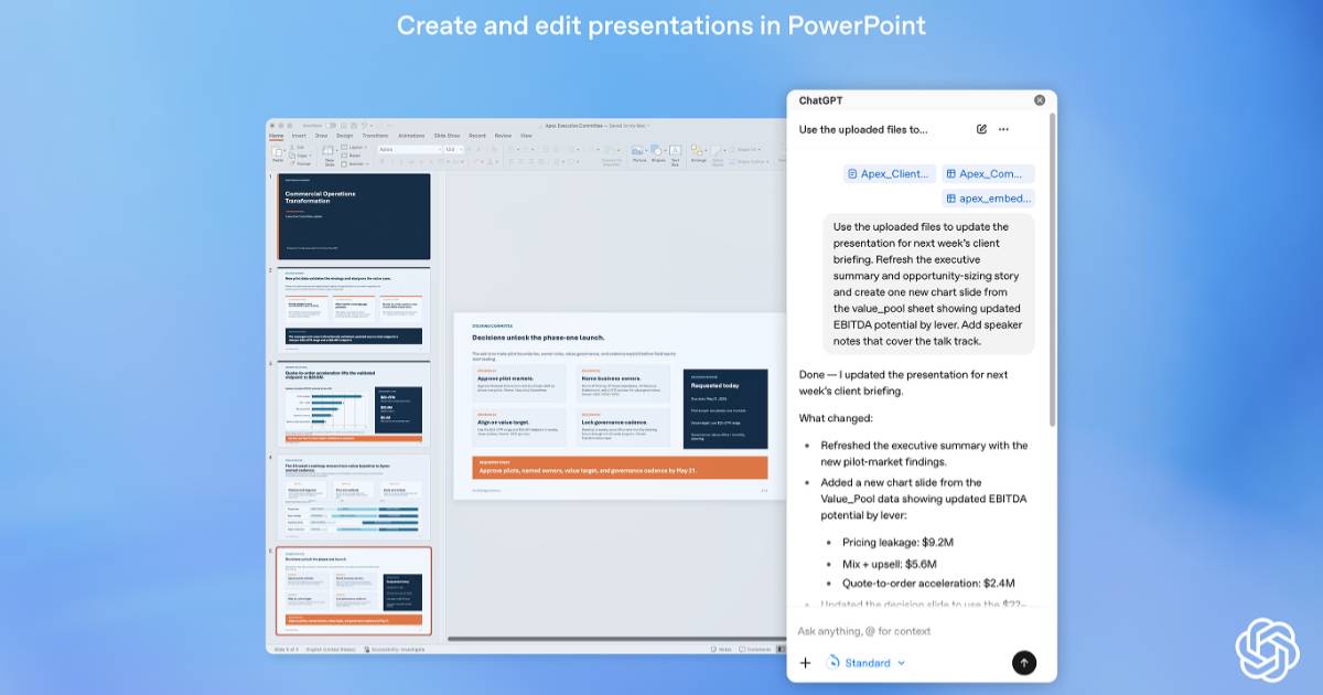 ChatGPT for PowerPoint 推出 beta 版，可直接在簡報中生成、改寫與潤飾投影片