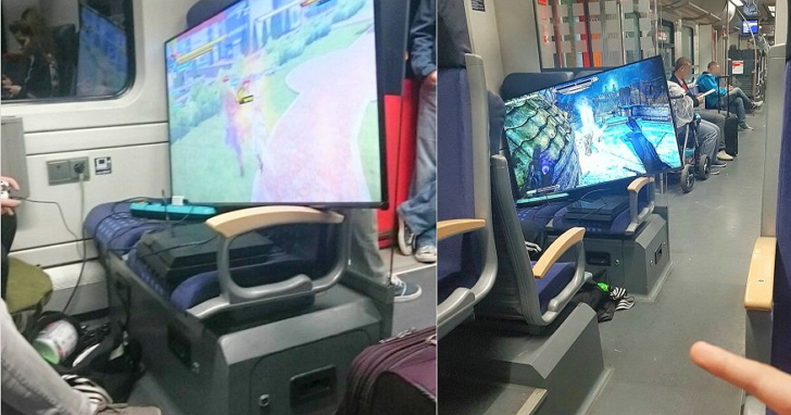 真的把火車當自己家！德國網友自備延長線，在火車上用55吋螢幕接PS4 玩《上古捲軸5：無界天際》
