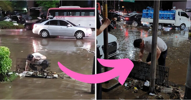 首爾罕見暴雨引發水災、江南區公車站及地鐵站遭大水侵襲，男子徒手清理排水阻塞物被封為英雄