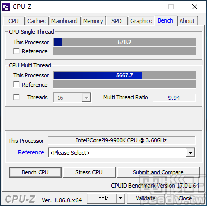 Core i9-9900K 全部核心最高倍頻鎖定在 48，超頻之後 CPU-Z 單核心分數反而下降，僅多執行緒略為增加至 5667.7 分