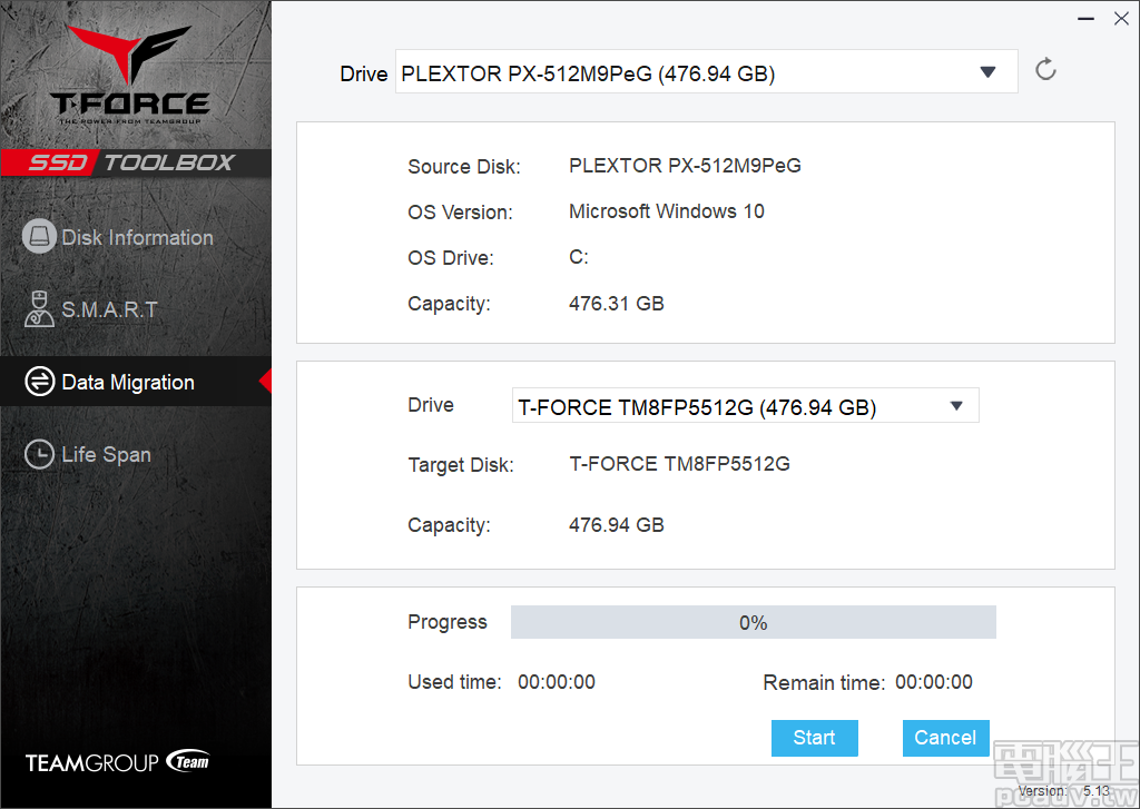 ▲ Data Migration 負責資料轉移，選擇來源磁碟與 Cardea II M.2 PCIe SSD，按下 Start 即可啟用作業。