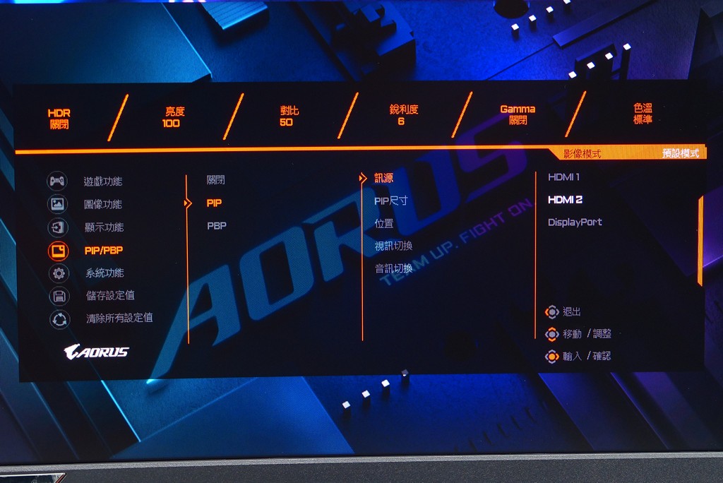 ▲ AORUS CV27Q 支援 PIP 和 PBP 顯示模式，可自由選擇視訊畫面來源。（PIP 或 PBP 啟用時不支援 HDR 和 FreeSync）