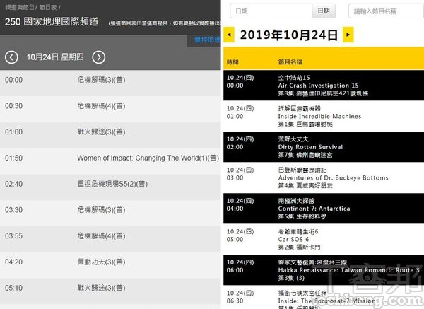 以「國家地理頻道」為例，左邊MOD節目表與右邊第四台的同日節目表，相較之下播出編排就完全不同，因為MOD的頻道是「國際版本」，有線系統為「台灣版本」。