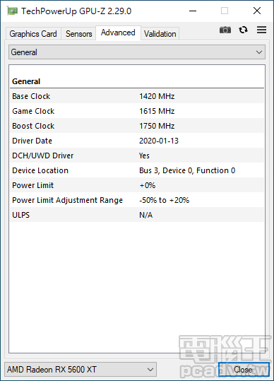 測試前一刻，Sapphire PULSE RX 5600 XT 6G GDDR6 須更新 BIOS，411EFMIU.X4B 版本將 TGP 調整至 160W，最高自動超頻時脈為 1750MHz，記憶體則調整至 14Gbps；不過由下方拆解可以得知，廠商原本就留有一手，記憶體採用 D9WCW 14Gbps 版本，而非 D9WCR 12Gbps。