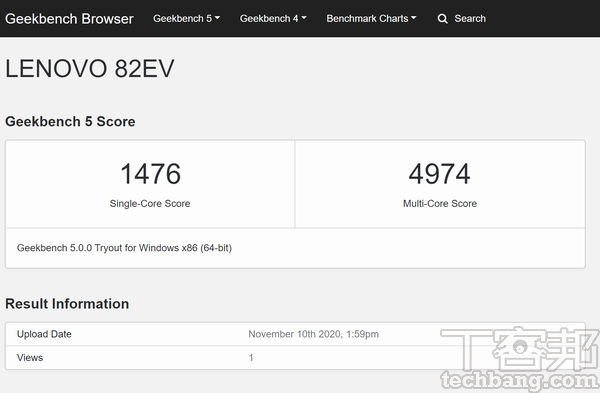 Geekbench 5單核心測得約1,476分，多核心測得4,974分。