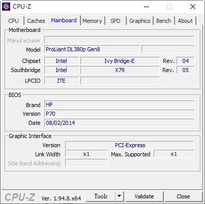 CPU-Z中主機板型號顯示為ProLiant DL380p Gen8，搭配的晶片組為X79。