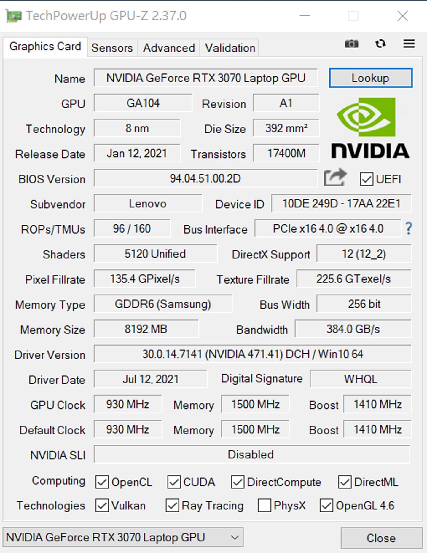 透過 GPU-Z 查看 T15g Gen2 的獨立顯卡資訊，這台受測機搭載的是 NVIDIA GeForce RTX 3070 Laptop GPU。