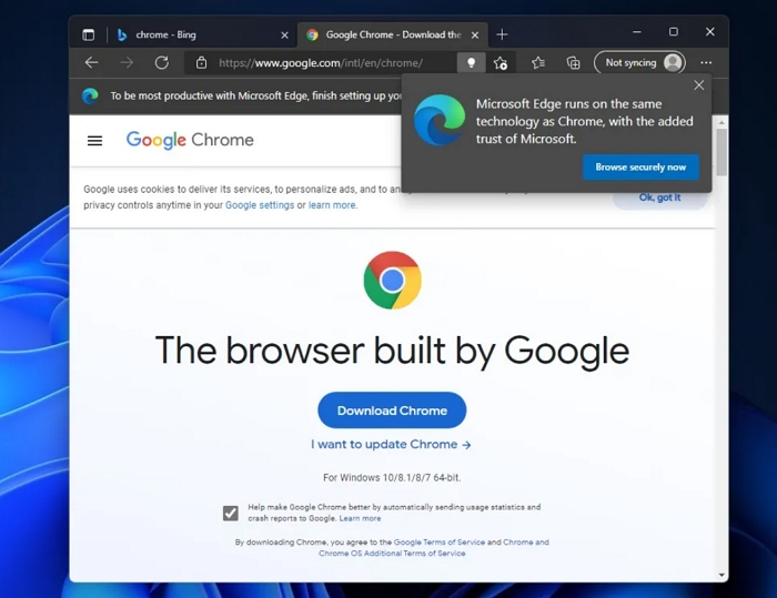 Windows 11用戶反應，Edge瀏覽器將會阻你下載Chrome，因為「我們有更好的保障」