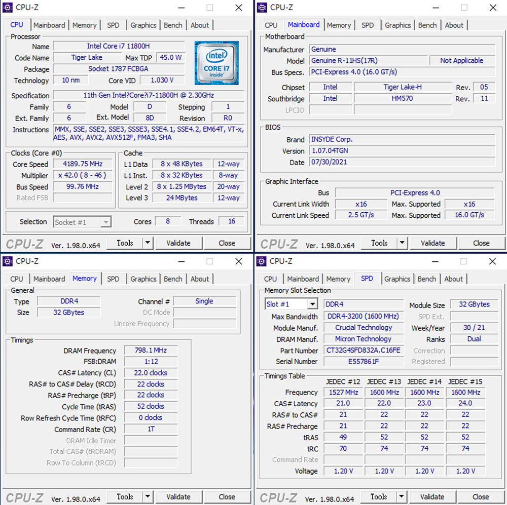 透過 CPU-Z 查看 Genuine ZEUS 17R 採用的 Intel Core i7-11800H 與主機板、記憶體…等詳細資訊。