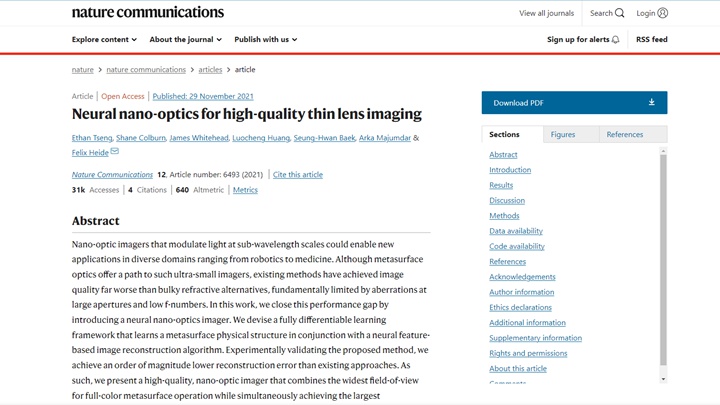 Neural nano-optics for high-quality thin lens imaging論文網址
