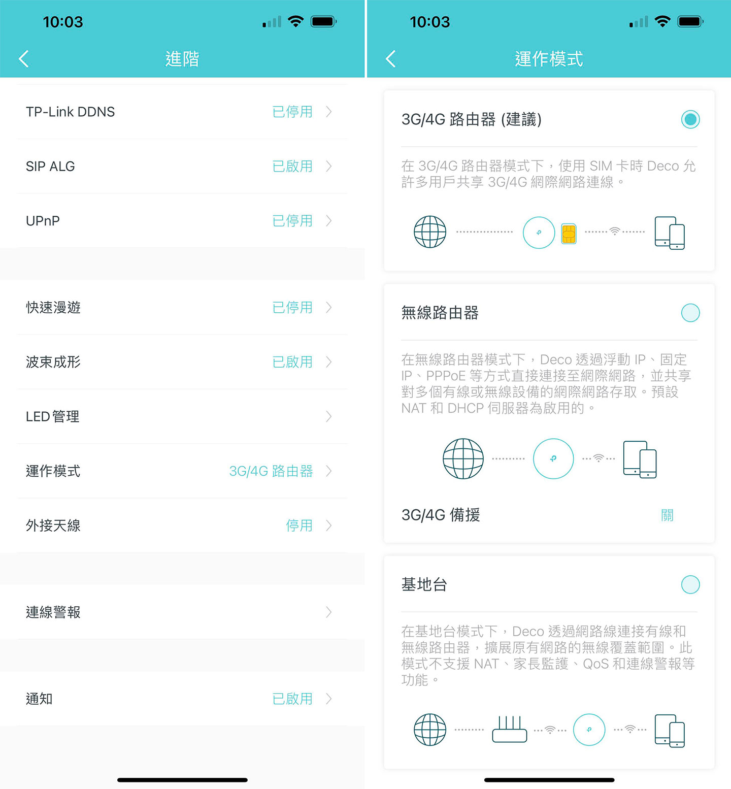 在 Deco App 的進階網路設定中，可透過「運作模式」的選項來切換設備的不同運行模式，下面的測試就將切換為「無線路由器」並連結固接網路測試。