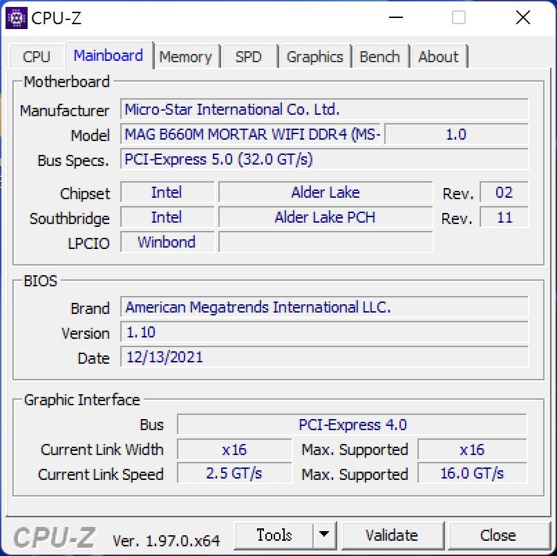 配的主機板為MSI MAG B660M Mortar WiFi DDR4，BIOS/UEFI版本為1.10。