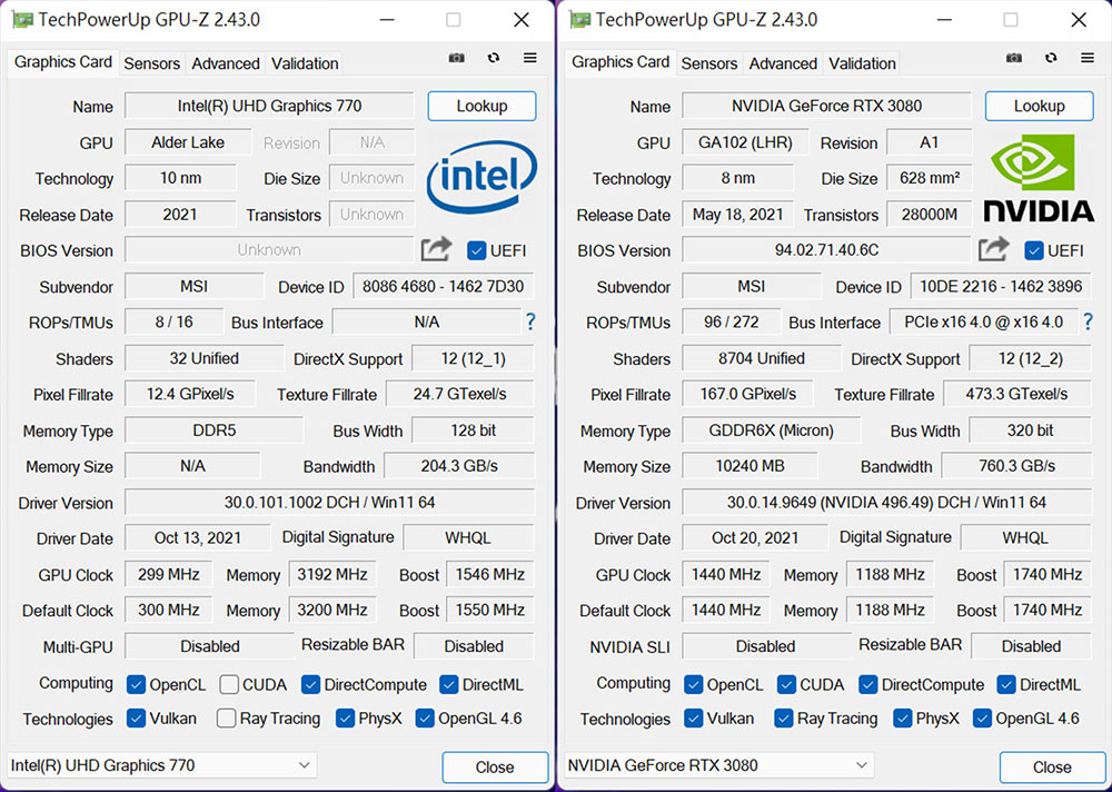 透過 GPU-Z 查看 Genuine 捷元宙斯機 BTO 的整合顯卡（Intel UHD Graphics 770）與獨立顯卡（NVIDIA GeForce RTX 3080）的詳細規格。
