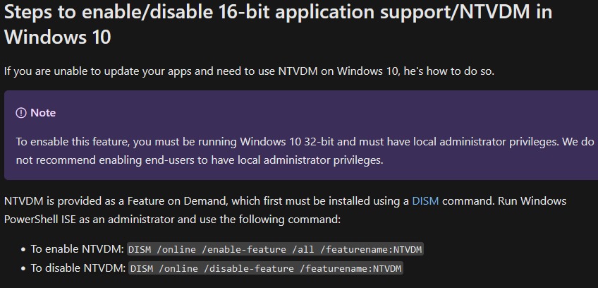 官方說明文件提到在Windows 10啟用NTVDM的方式。