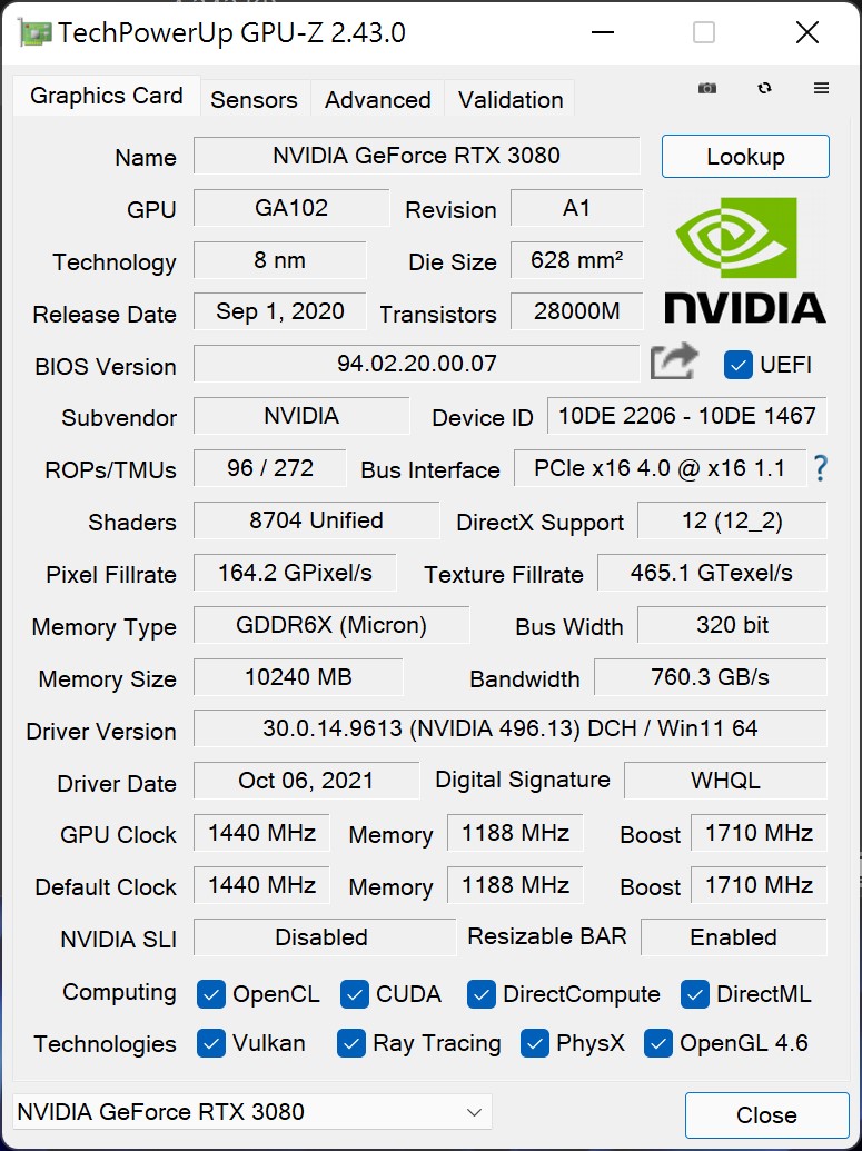 顯示卡為NVIDIA GeForce RTX 3080 Founder Edition，並開啟Resizable BAR功能。