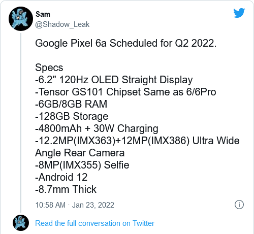 Pixel 6a的主要規格、發佈時間表和預計價格被披露