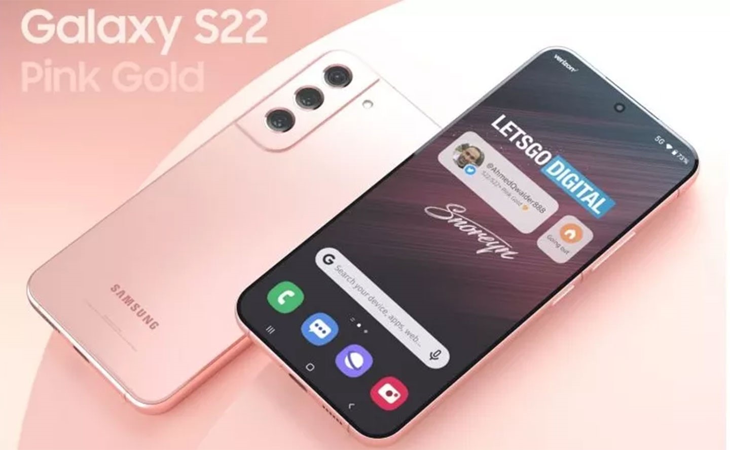 Techrader 同樣曝光了 Galaxy S22 的新色「玫瑰金/粉金」。