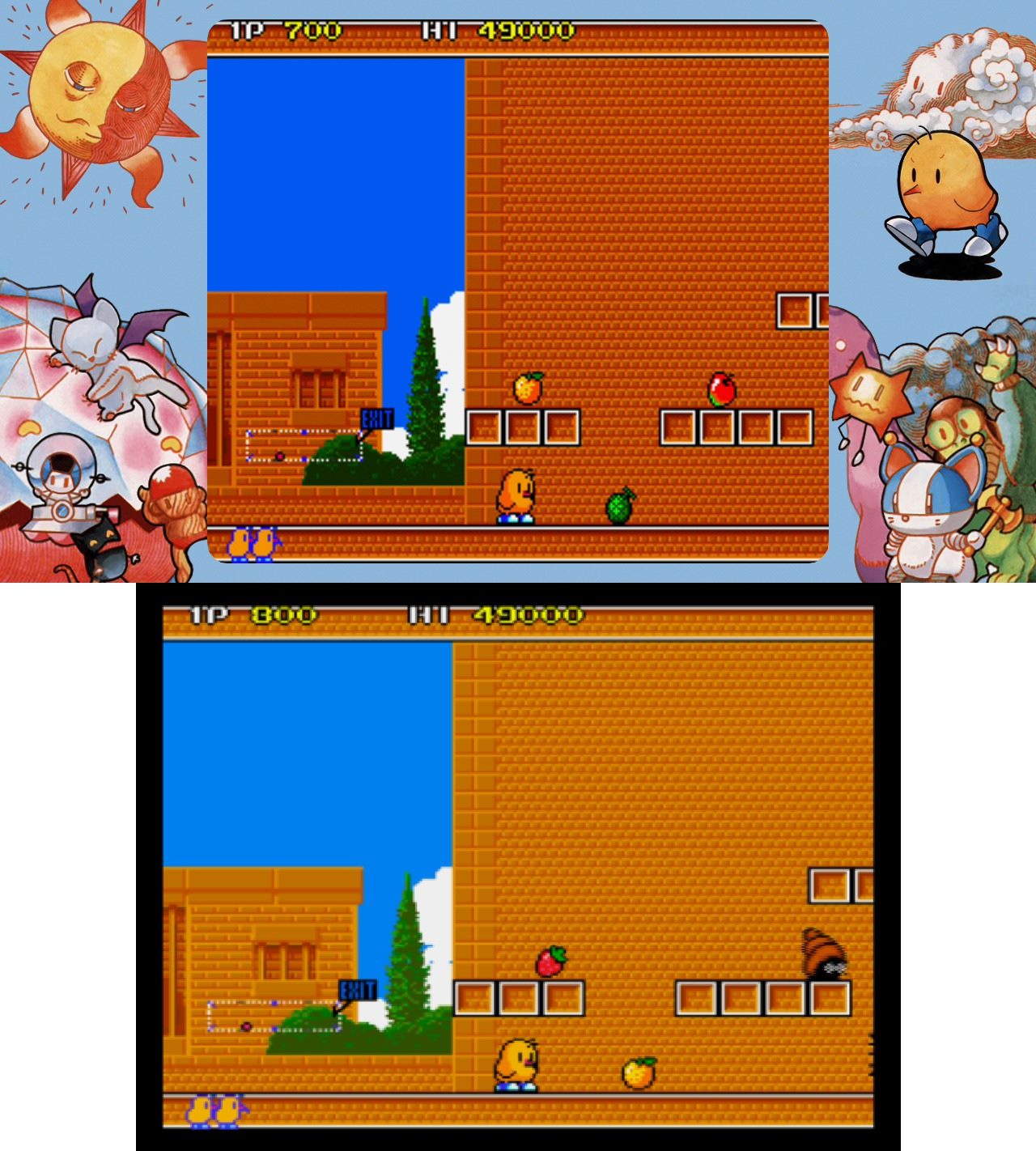 從遊戲畫面的方塊、水果物件，可以判斷Egret II Mini與Taito Memories在顯示比例上的差異。
