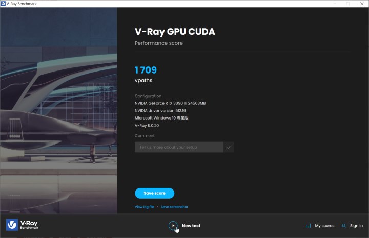 V-Ray 的 GPU CUDA 分數為 1709 vpaths。