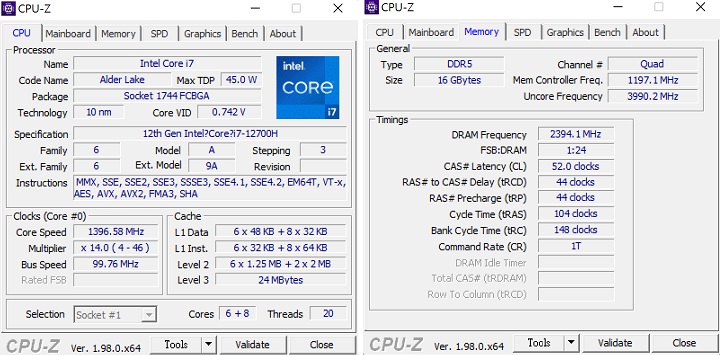利用 CPU-Z 來檢視核心規格，處理器為 Intel Core i7-12700H，製程為 10 奈米，最大功率為 45W，採 6P+8E 核心的混合架構，20 個執行緒；記憶體為 16GB LPDDR5。