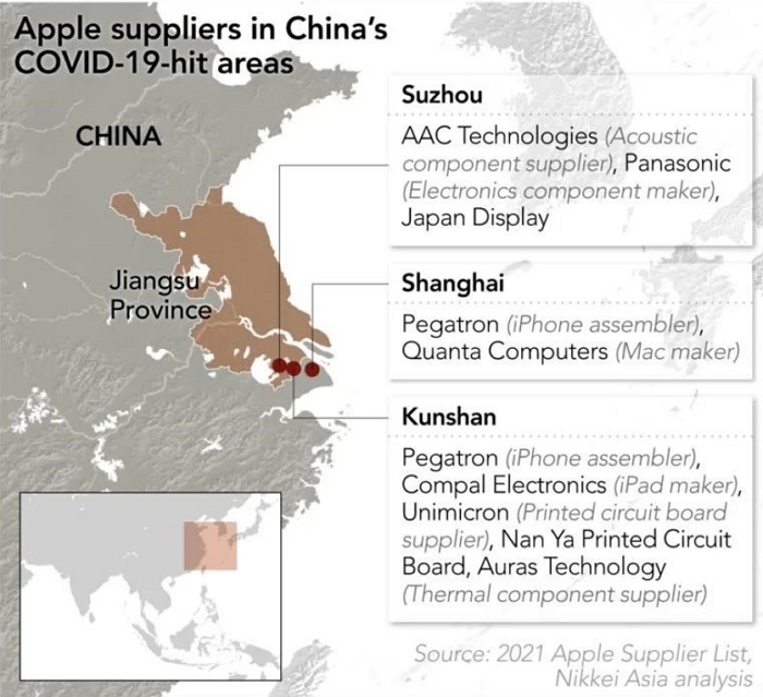 日經：半數蘋果供應鏈深受上海疫情影響，超過70家工廠進度停滯、智慧手機需求或再調降