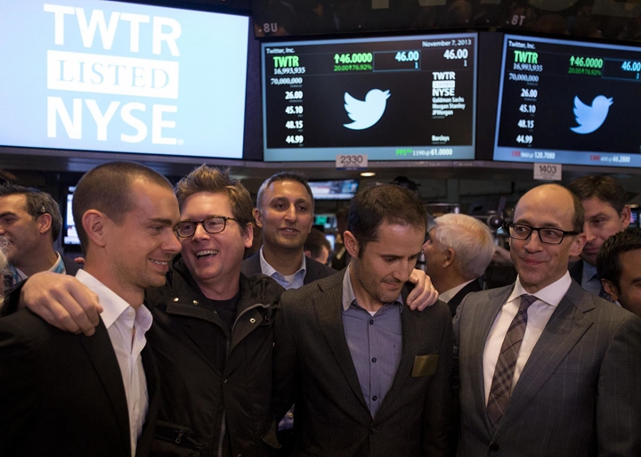 Twitter上市現場三位創始人，從左至右分別是多西、比茲、伊凡，這次失去 CEO 職位的是伊凡。