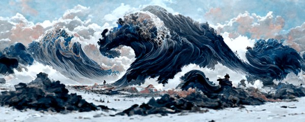「the Great Wave by Hokusai, rendered in high resolution by Greg Rutkowski, trending on artstation」，加上名画作者葛饰北斋的名字后，AI 就能精准还原原作的一些特征了