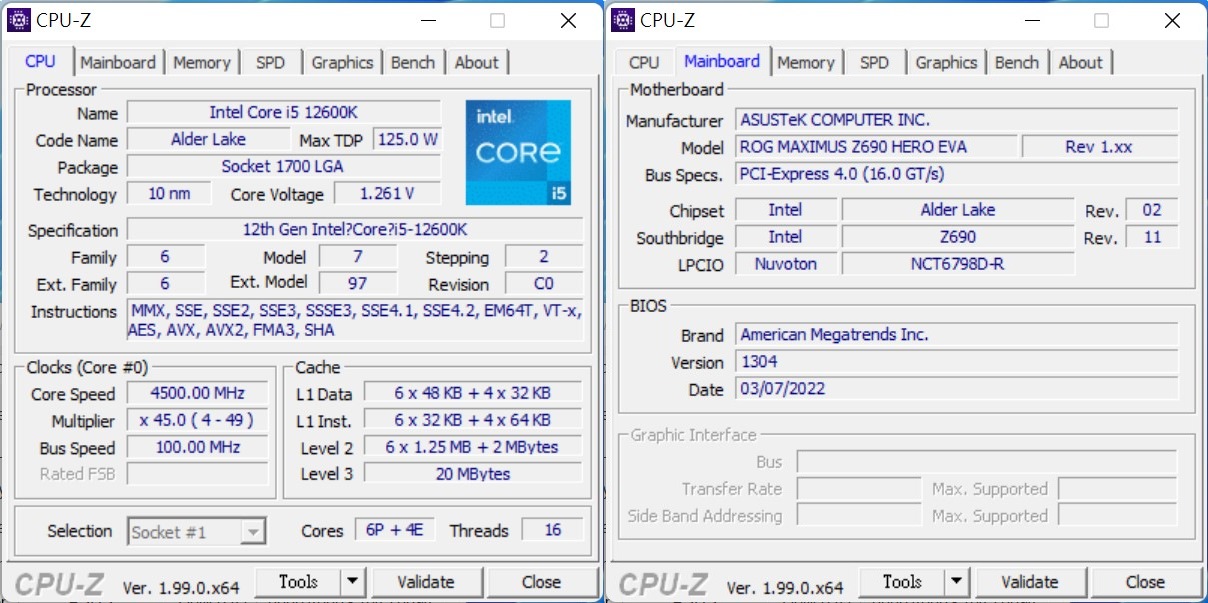 從CPU-Z的主機板資訊型號欄位可以看到顯示ROG Maximus Z690 Hero EVA。