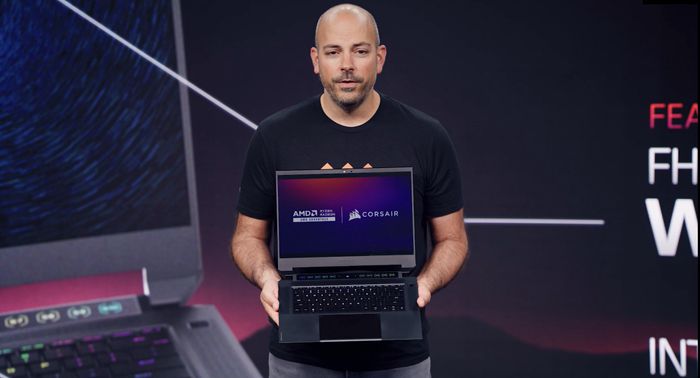 Frank Azor, AMD's Director of Gaming Solutions and Marketing Architecture, showcased Corsair's first upcoming laptop with the AMD Advantage design framework.