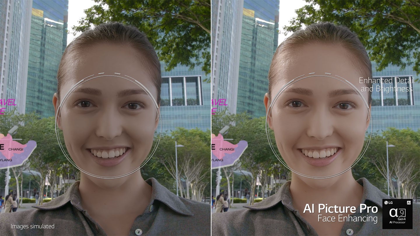 LG OLED C1 極致系列內建的「α9 第四代 AI 處理器 4K」晶片能智慧偵測畫面上的人臉，進行細節與亮度的最佳化。