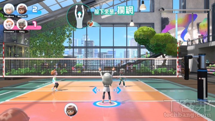 準備攔網與接球時，玩家可以將角色左右移動，猜測對方殺球過網的位置；外攔網與殺球時還得考慮向上揮動 Joy-Con 起跳的時間點。