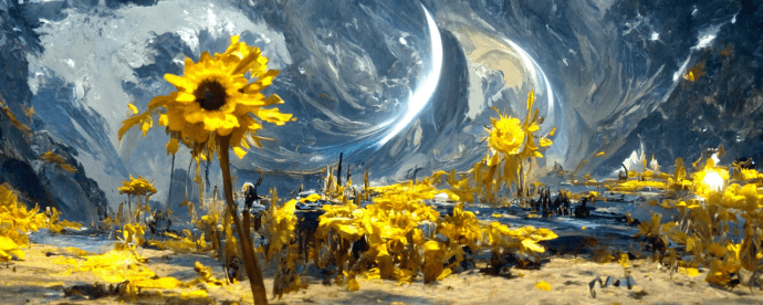 我寫給AI的描述詞：「A beautiful painting of a starry night, shining its light across a sunflower sea by James Gurney, Trending on artstation.」 