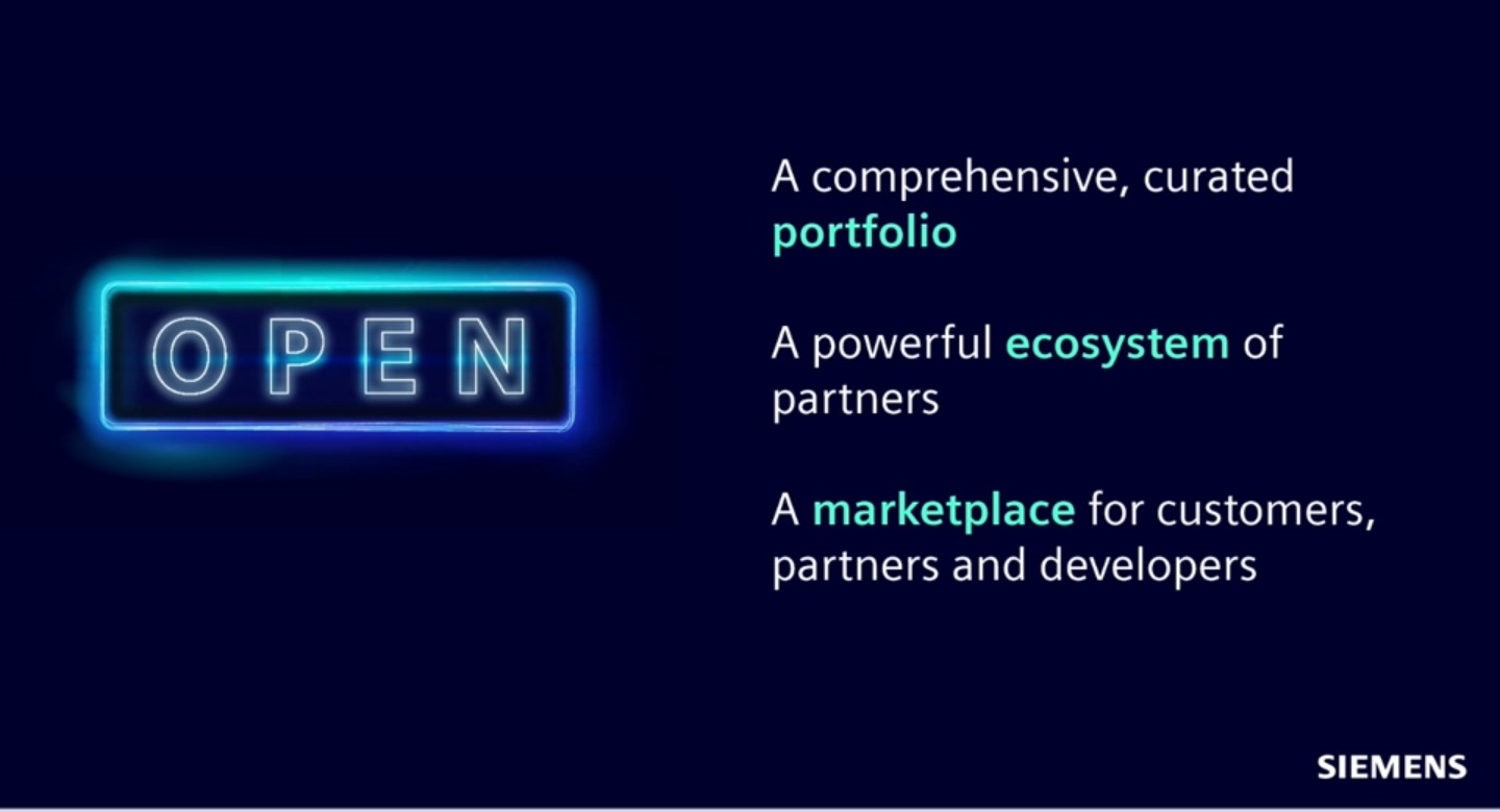Siemens以綜合劃的投資組合、強大的合作夥伴生態系統、為客戶/合作夥伴/開發商準備的市集，建構開放的多元解決方案。