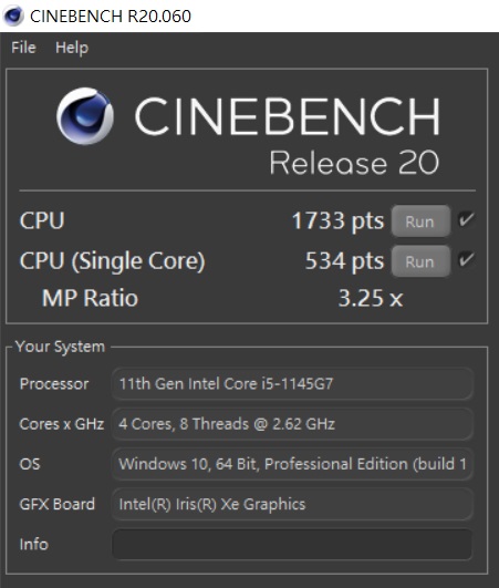 於 CINEBENCH R20 測試，多核心為 1,733 pts，單核心為 534pts，多、單核心的效能差距倍數為 3.25x。