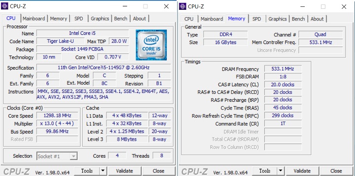 利用 CPU-Z 來檢視 CF-SV1 的核心規格，Intel Core i5-1145G7 處理器為 10 奈米，採 4 核心 8 執行緒架構，記憶體為 16GB DDR 4 規格。