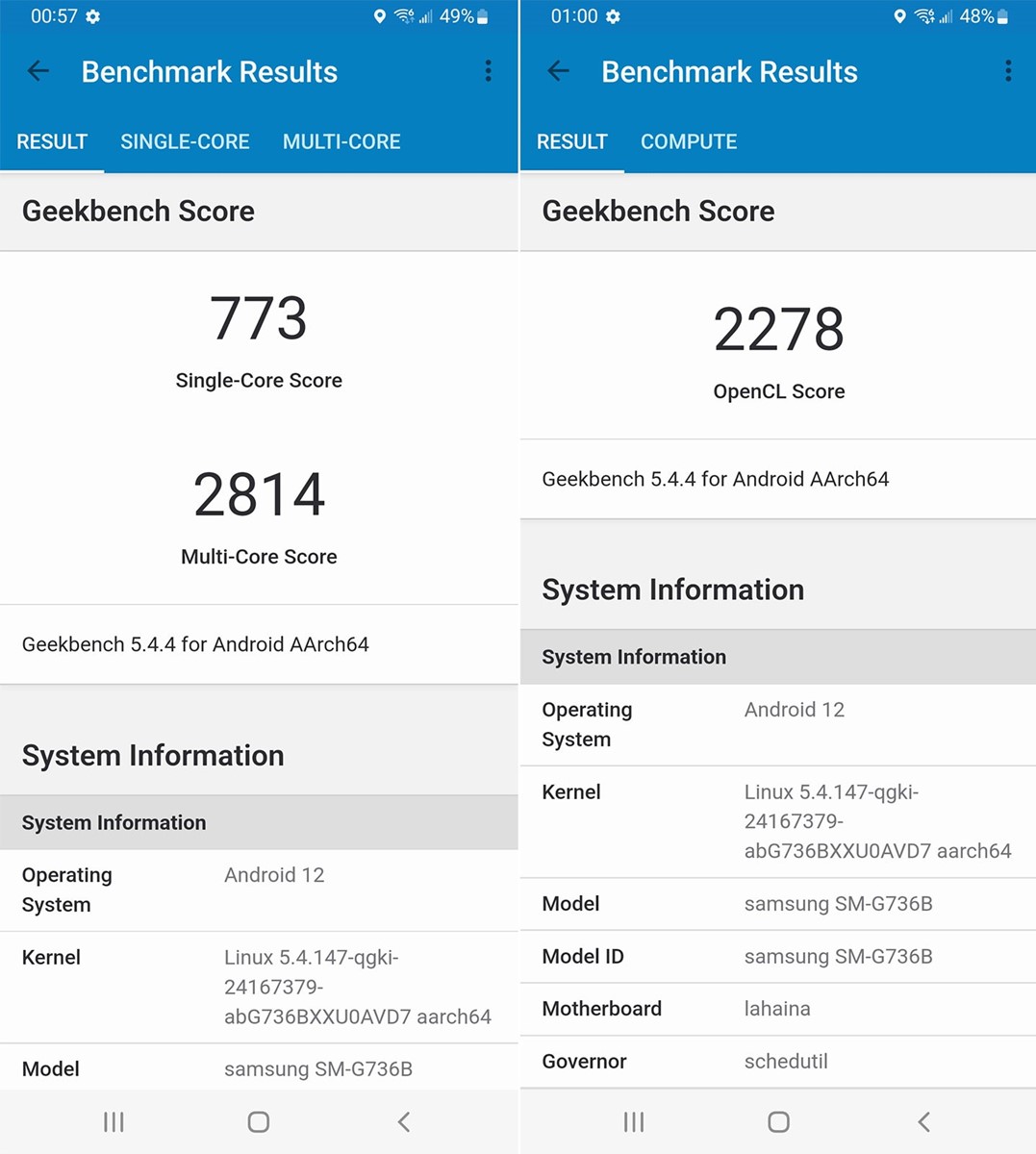 透過 GeekBench 5 執行 Galaxy XCover6 Pro 內建處理器的效能跑分，單核獲得 773 分，多核獲得 2,814 分，OpenCL 的運算效能則獲得 2,278 分。
