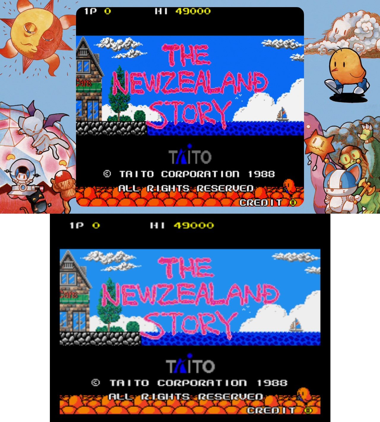 在未修的情況下，Egret II Mini收錄的《紐西故事》（上圖）顯示比例並非4:3，PlayStation 2平台Taito Memories合集收錄的版本（下圖）顯示比例較接近4:3。
