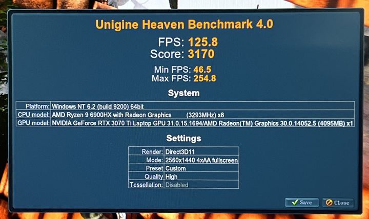 在《Unigine Heaven Benchmark》圖形效能測試，定 2560×1440 解析度，並將畫面品質定在 Ultra 模式，同時開啟 4xAA 反鋸齒模式，測得的效能表現為約 3,170 分、平均約 125.8fps。