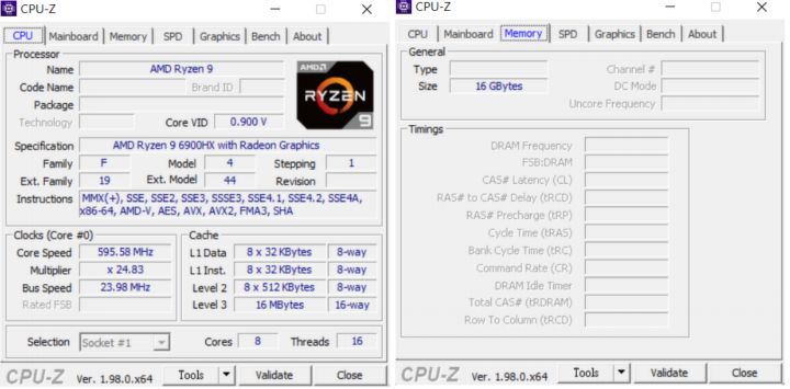 利用 CPU-Z 來檢視 Razer Blade 14 的核心規格，處理器為 AMD Ryzen 9 6900HX，為 8 個核心，16 個執行緒；記憶體為單條 16GB DDR5 4800（2400MHz）。