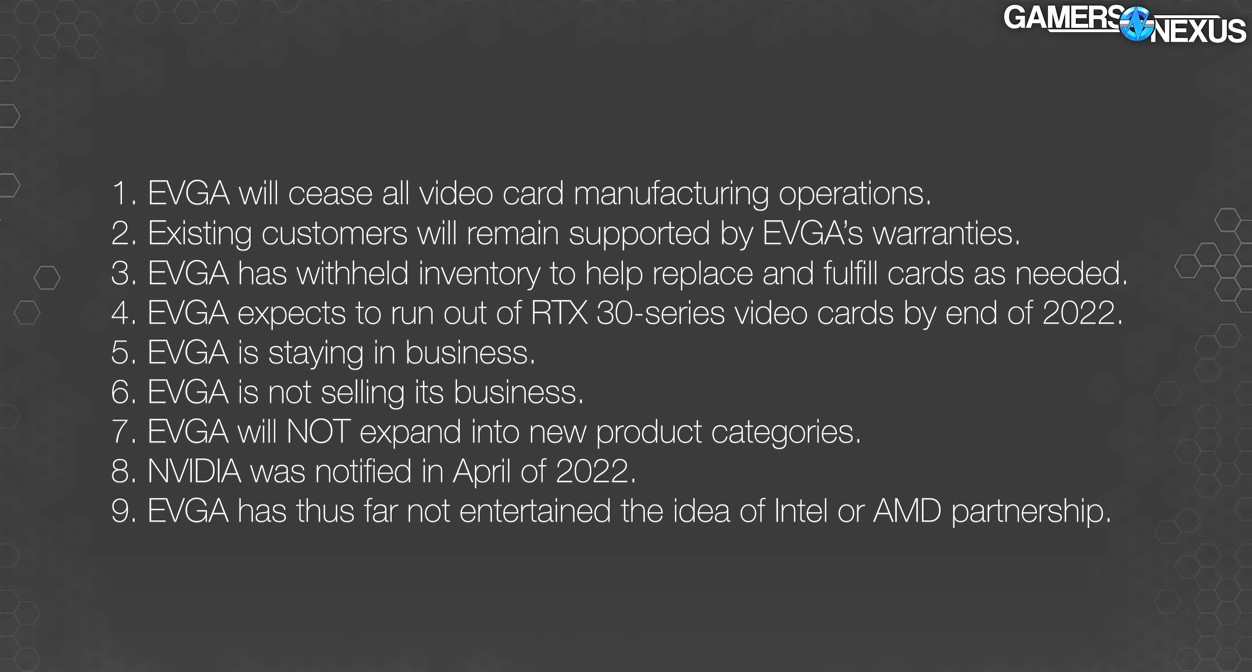 GamersNexus 指出，EVGA 於今年 4 月通知 NVIDIA 不再繼續製造顯示卡，但也不會轉向 AMD 或 Intel 陣營。