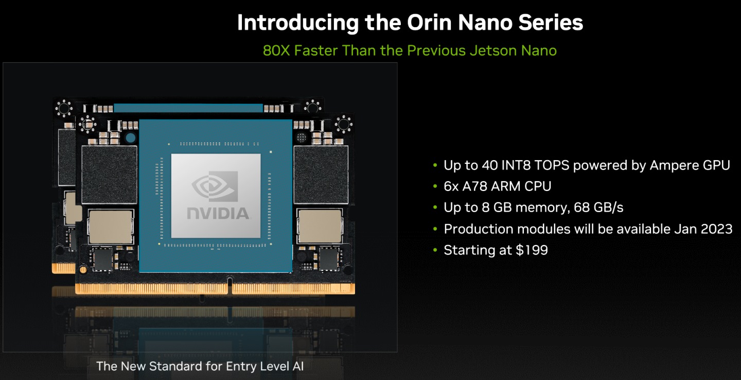Orin Nano運算模組具有6個Arm Cortex-A78處理器核心，以及Ampere架構GPU，整體提供80倍於Jetson Nano的效能表現。